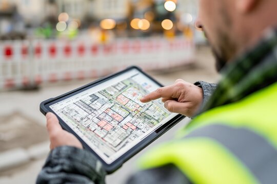 Construction worker reviewing building plans on a tablet at a site