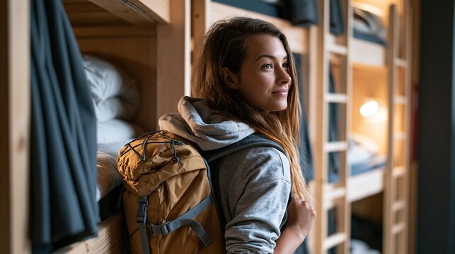Young woman with a backpack in a hostel dormitory room