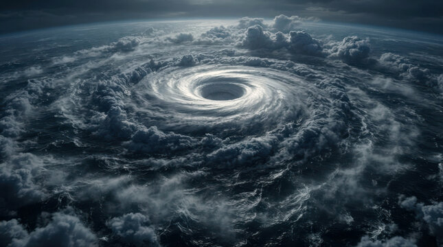 Powerful cinematic CGI of a tropical cyclone from above, with a sharply defined eye, towering spiral rain bands, and a churning sea surface throwing mist into the air; dramatic storm lighting, deep