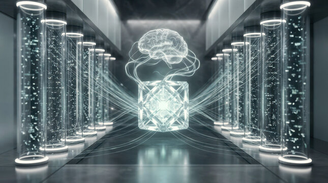 A cross-section of an intelligent health data vault where fragmented datasets slide from many transparent columns into one crystal lattice processor, while predictive model tendrils pulse around a