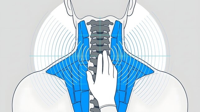 Vector diagram of upper back anatomy with highlighted muscles and severe ache