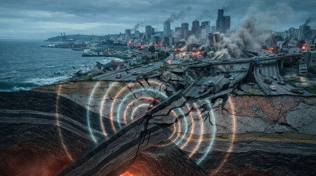 Dramatic geological cutaway of a subduction fault, one tectonic plate buckling beneath another, fractured bedrock, seismic shock waves radiating through layered strata, and a coastal skyline above