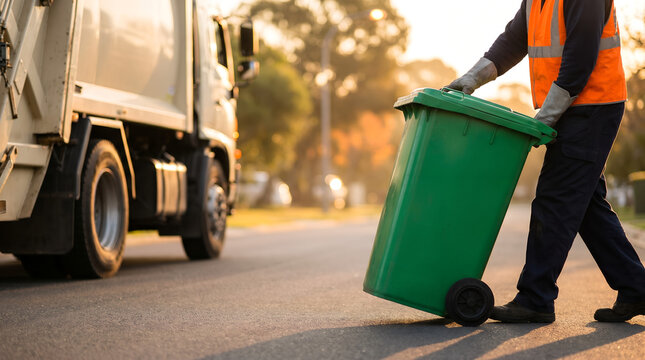 Waste management worker in protective gloves pulling a green recycling bin on a suburban residential street with a garbage truck parked in the background, recycling