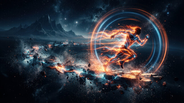 an ultra runner silhouette forged from glowing kinetic lines surges across an impossible fractured trail suspended in dark space, with concentric time rings, dust plumes, and distant mountain
