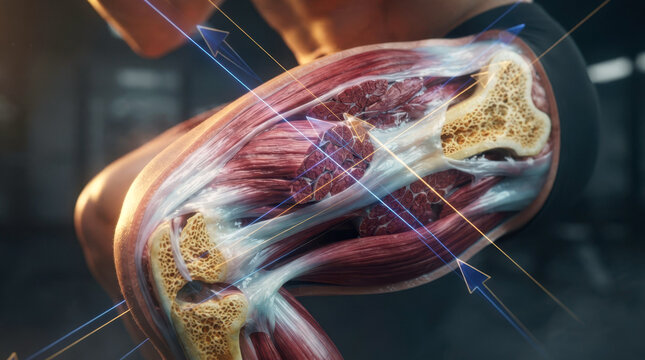 3D scientific cross-section of an athlete's body mid-strength adaptation, showing quadriceps fiber bundles, bone trabeculae, and fascia pulsing around suspended weight vectors, ultra-detailed
