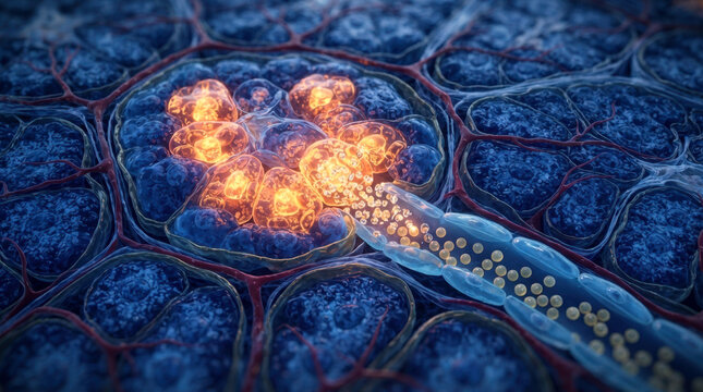 A dramatic cross-section of a pancreas with glowing beta cells releasing insulin crystals into a river of glucose spheres, surrounded by capillary veins and protective lipid membranes. Deep