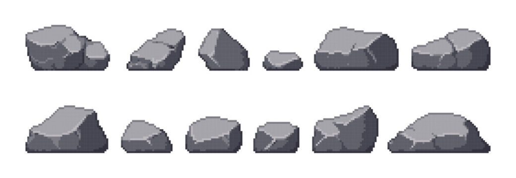 Set of grey pixel art stones for game design environment. Collection of vector rock elements for platformer level decoration. Isometric stone assets isolated on white background.