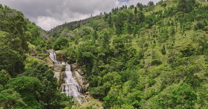 Diyaluma Sri Lanka Aerial v1 drone flyover along trekking trail through the valleys towards Upper Diyaluma falls capturing wilderness landscape of jungle forests - Shot with Mavic 3 Cine - April 2023