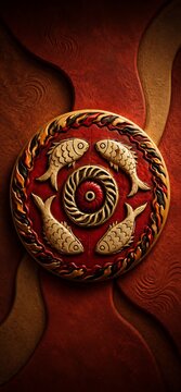 Traditional Handcrafted Fish Medallion Carving with Golden Accents on Red Textured Background