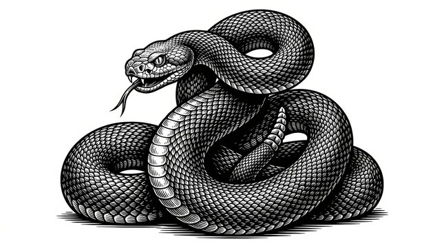 Black and White Scratchboard Illustration of Coiled Snake with Raised Head &ndash; Vintage Wildlife Engraving