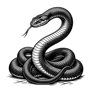 Black and White Scratchboard Illustration of Coiled Snake with Raised Head &ndash; Vintage Wildlife Engraving
