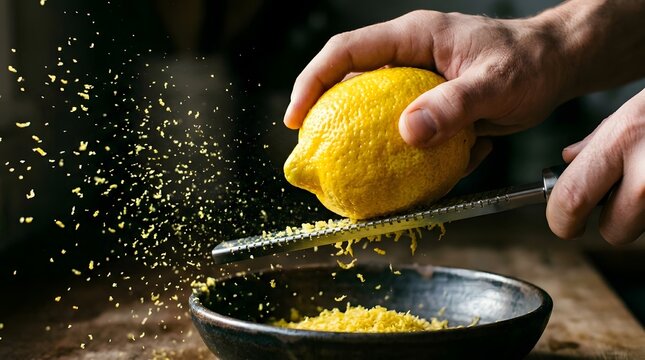 Dynamic action shot of lemon zest flying into a ceramic bowl