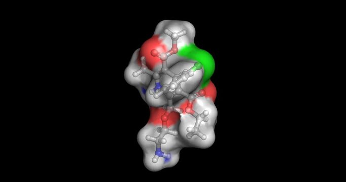 Amlodipine, calcium channel blocker drug for hypertension and chronic stable angina, 3D molecule 4K spinning