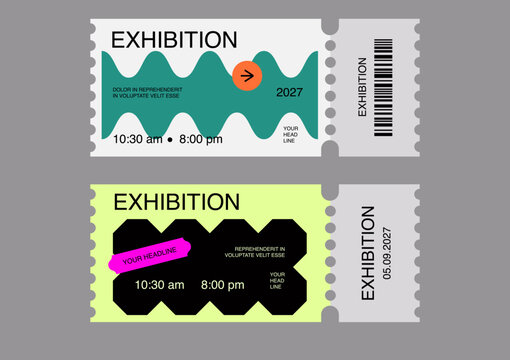 Modern exhibition ticket template set with bold geometric shapes, minimalist typography, and abstract graphic elements. Editable vector design for cultural events.