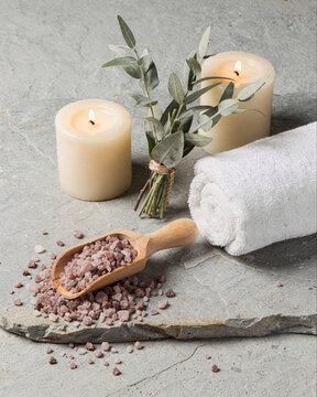 Spa Still Life with Candles, Himalayan Salt and Towel