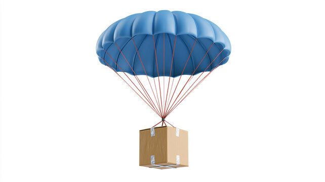 Cardboard box delivery falling with a blue parachute in white background
