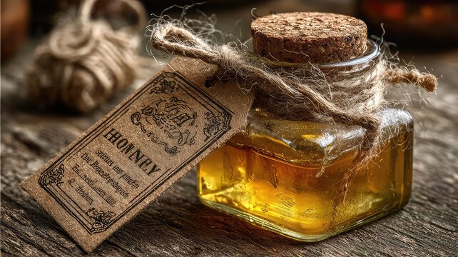 Honey jar with rustic twine bow and label tag