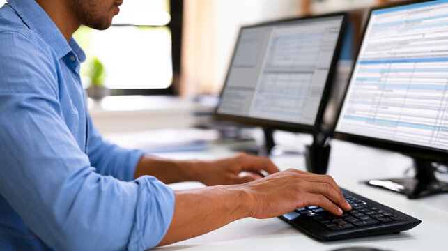 Professional reviewing municipal tax assessments and accounting reports on dual monitors for corporate fiscal efficiency