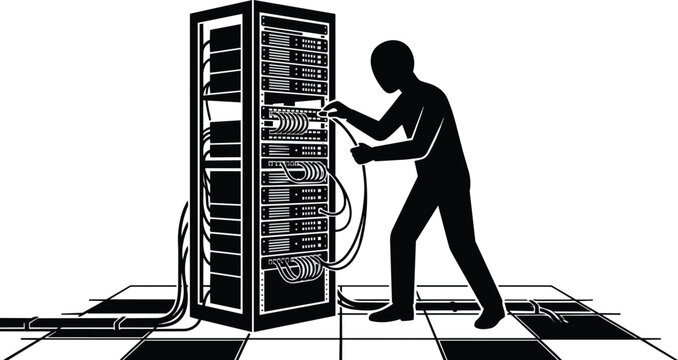 It technician working on a server rack in a data center