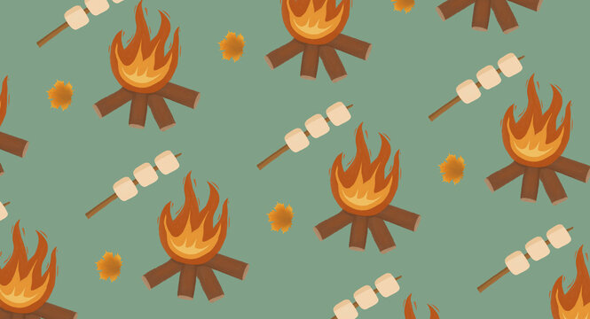 Seamless autumn camping pattern with campfires marshmallows and maple leaves