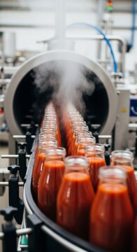 Industrial food production line with rows of glass bottles filled with red sauce passing through a steaming pasteurization tunnel, showcasing automated efficiency.