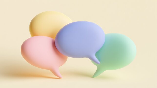 Three chat bubbles in soft clay designs float on a cream background. This scene represents conversation and communication in a simple way.