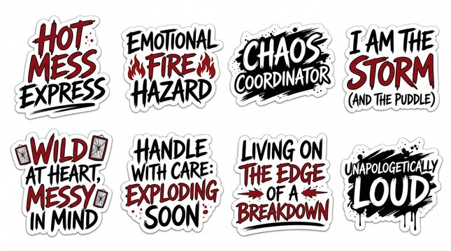 Set of eight grunge typography stickers featuring witty quotes about chaos and emotions, perfect for personalizing stationery, apparel, and digital planners.