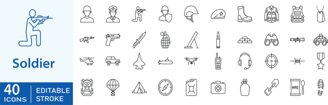 Soldier and military army combat line icons, war weapon firearm tactical gear, aviation helicopter submarine, and survival equipment. editable stroke vector set.
