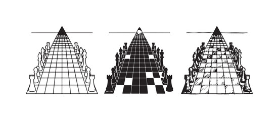 Chess board in perspective with pawns and rooks leading to a pyramid, shown as an outline, silhouette, and hand-drawn sketch illustration. © KirST