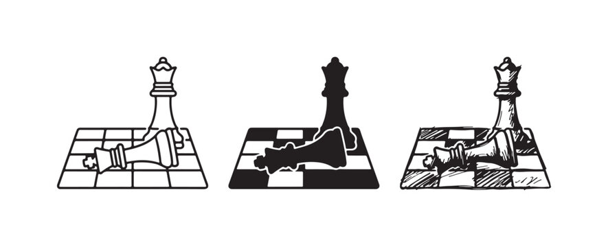 Chess checkmate scene with a standing queen and a fallen king on a chessboard icon set.