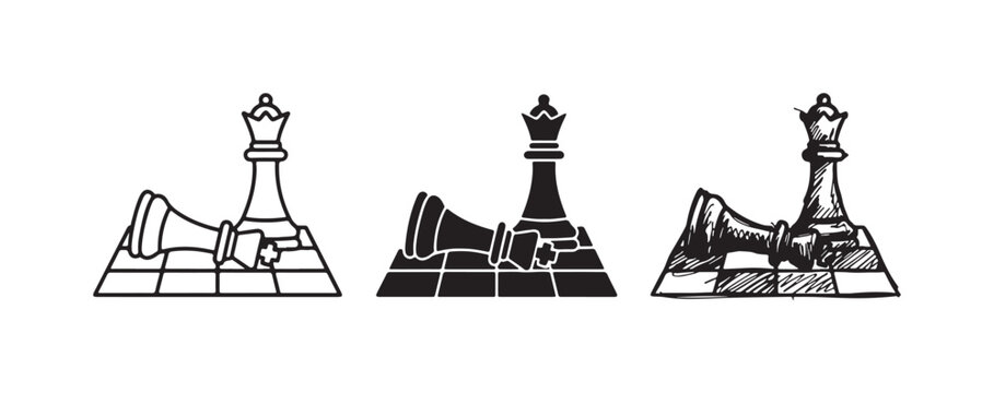 Chess queen standing over a fallen king on a chessboard square, symbolizing checkmate or the end of a game, in three styles.