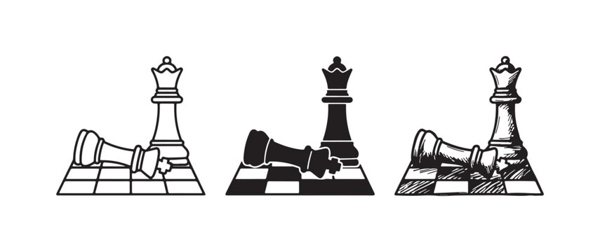 Chess board with standing queen and fallen king icon set