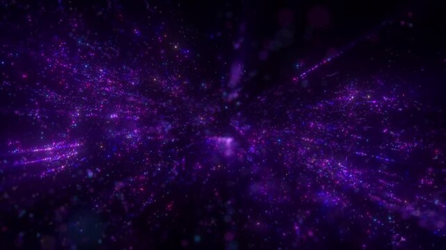 4K Purple Particle Explosion on Black Background. Galaxy Energy Burst, Cosmic Sparkles, Glowing Stardust, Motion Graphics Overlay, Logo Reveal Animation, 60 FPS, 2160p