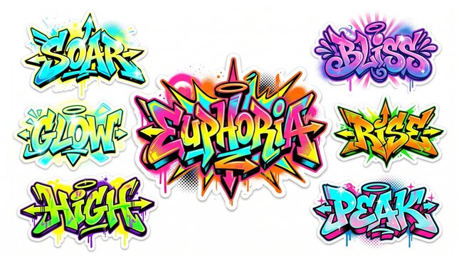 Set of vibrant urban graffiti stickers with motivational words in neon spray paint style, perfect for streetwear merchandise and digital design assets.