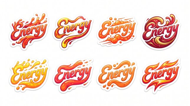 Set of vibrant Energy typography stickers featuring dynamic liquid splashes and fiery waves in orange and red for drink branding and sports product labels.