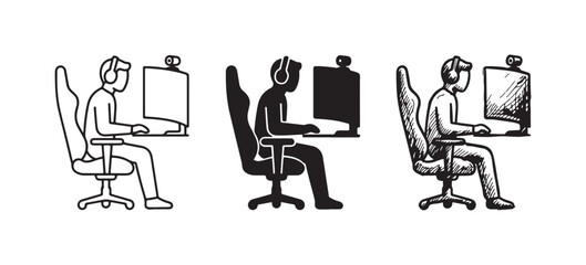 Person gaming or streaming at a computer desk with headset and webcam icon set, depicting online activity. © KirST