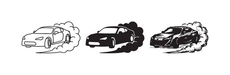 Sports car drifting with smoking tires icon set, depicting speed and performance in three styles. © KirST