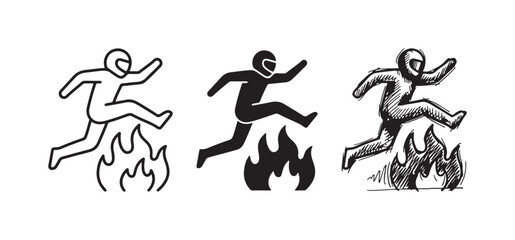 Obraz premium Person in helmet jumping over flames or fire obstacle icon set