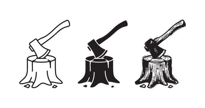 An axe stuck in a tree stump, presented as an icon set in outline, solid, and hand-drawn styles.