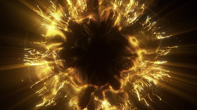 4K Explosion of Golden Bokeh lights. Holiday motion background. Glowing particle abstract. 2160p 60fps. Exploding gold particles. 3d rendering. Isolated on black effect. 2027 Trend footage.