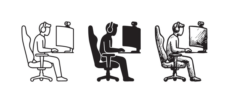 Person gaming or streaming at a computer desk with headset and webcam icon set, depicting online activity.