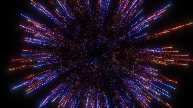 4K Blue Orange Particle Explosion on Black Background. Firework Burst, Colorful Energy Rays, Glowing Sparkles, Motion Graphics Overlay, Intro Animation, 60 FPS, 2160p