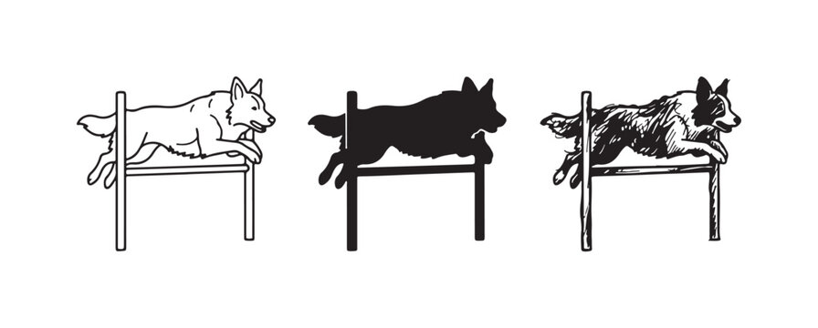 Three German Shepherd-like dogs performing an agility jump over a hurdle, in outline, solid, and sketch art.