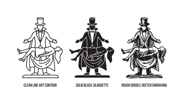 Magician performing a levitation trick with a woman, illustrated as clean line art, solid silhouette, and rough doodle sketch engraving.
