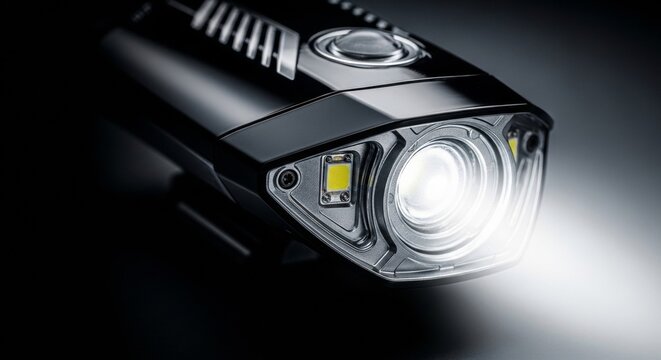 Sleek black bicycle LED headlight with innovative aerodynamic design and powerful crisp illumination, studio product shot