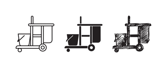 Cleaning cart with bucket and bag, depicted in outline, solid black silhouette, and textured hand-drawn sketch styles. © KirST