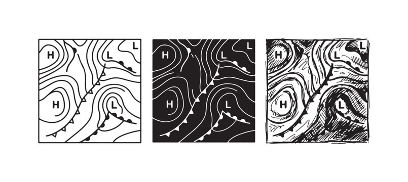 Simplified Weather Map with Pressure Systems Icon Set