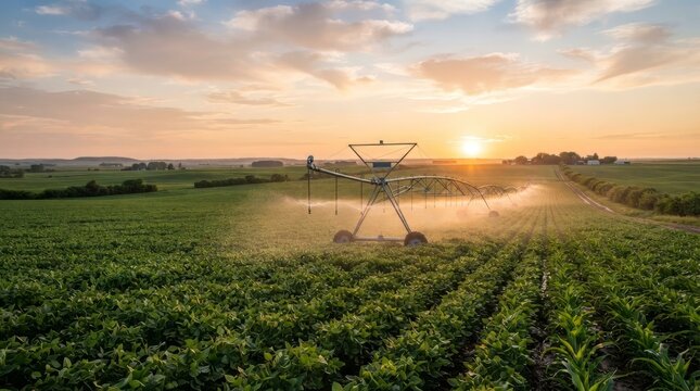 Center pivot irrigation system watering a green crop field at sunset. Agricultural farming landscape during golden hour