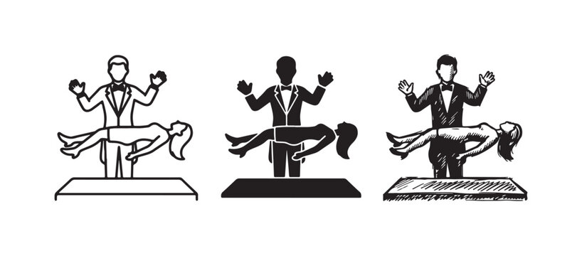 Magician performing the classic levitation illusion over a table, in line art, solid black, and sketchy doodle styles.
