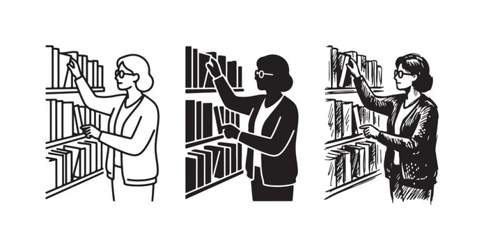 Woman with Glasses Standing in Front of Bookshelves and Reaching for a Book, Displayed in Outline, Silhouette, and Hand-Drawn Sketch Styles